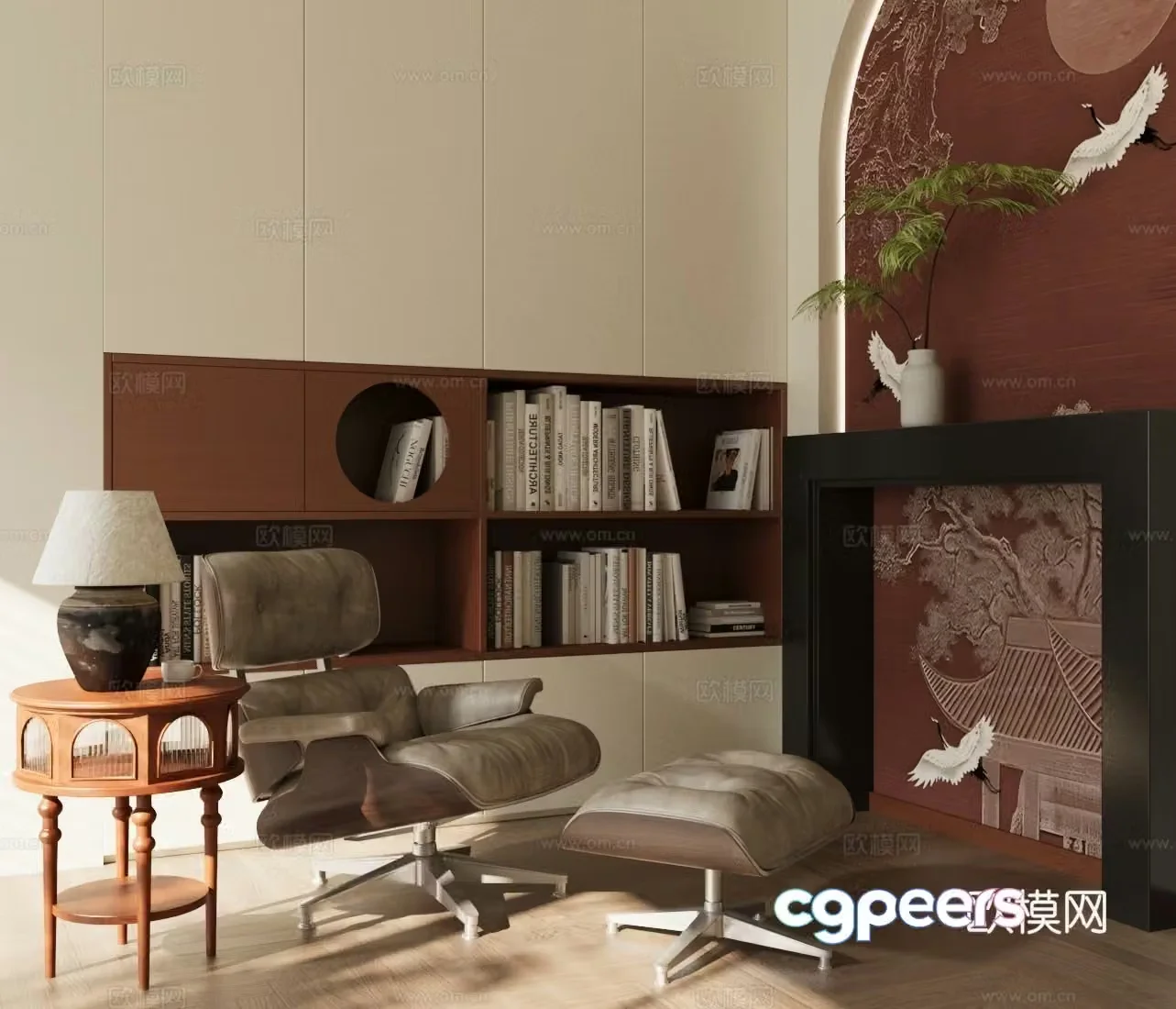 Middle-aged leisure lounge chair bookcase table side corner 3D model
