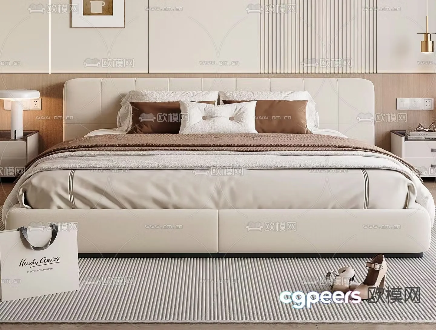 Cream style double bed 3d model