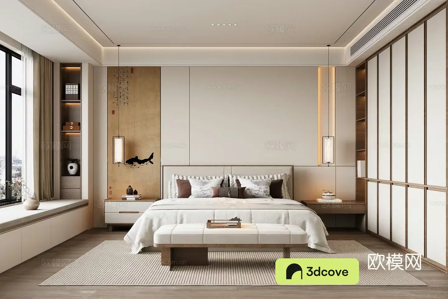 New Chinese Song style bedroom double bed wardrobe bed chandeliers