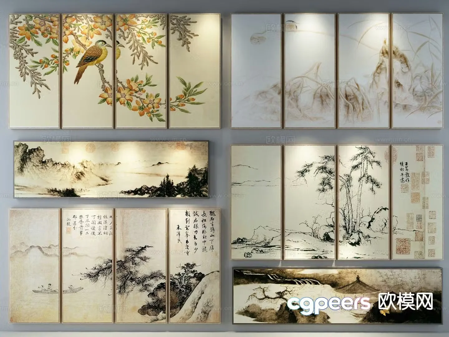 New Chinese style ink painting decorative wall chart 3D model