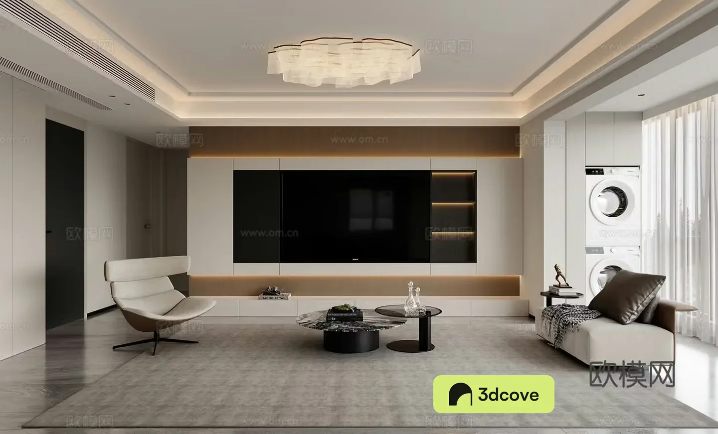 Modern living room TV background wall TV cabinet leisure chair ceiling light simple living and dining room
