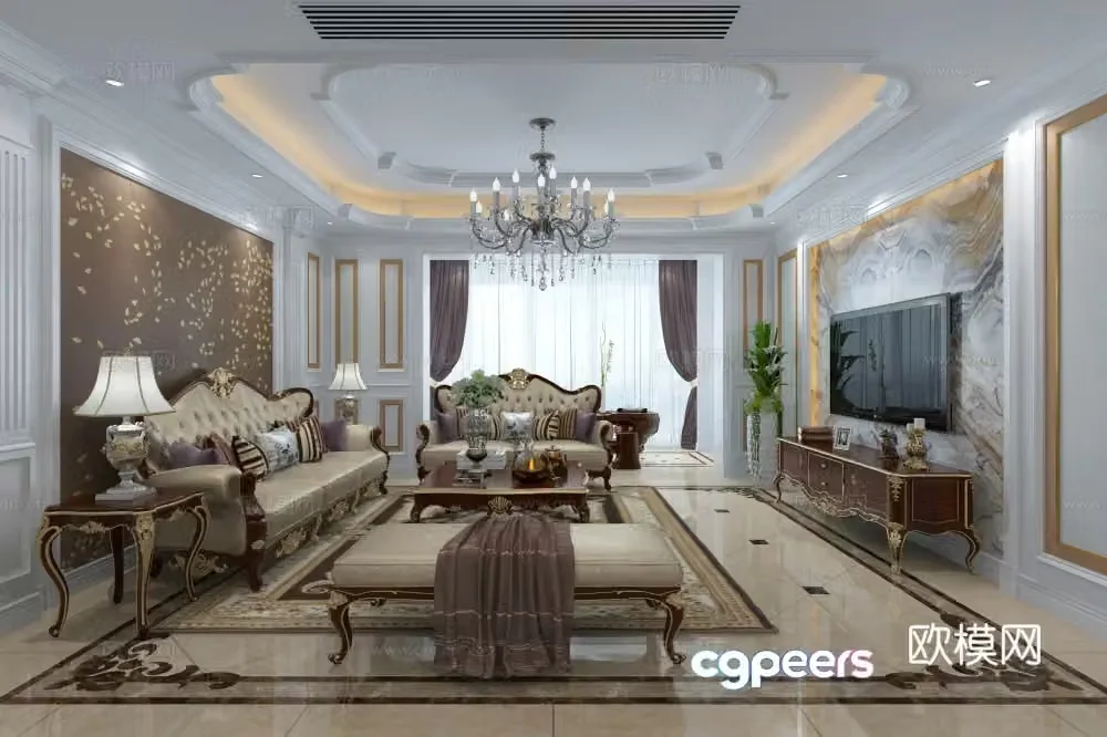 European style living and dining room 3D model