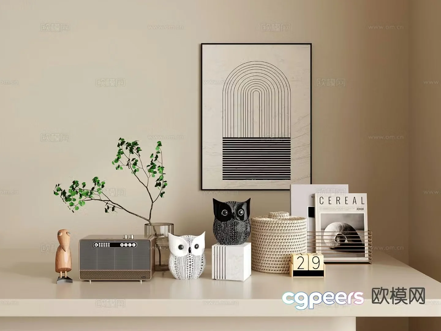 Modern jewelry ornaments owl ornaments radios books vase floral arrangements 3D model