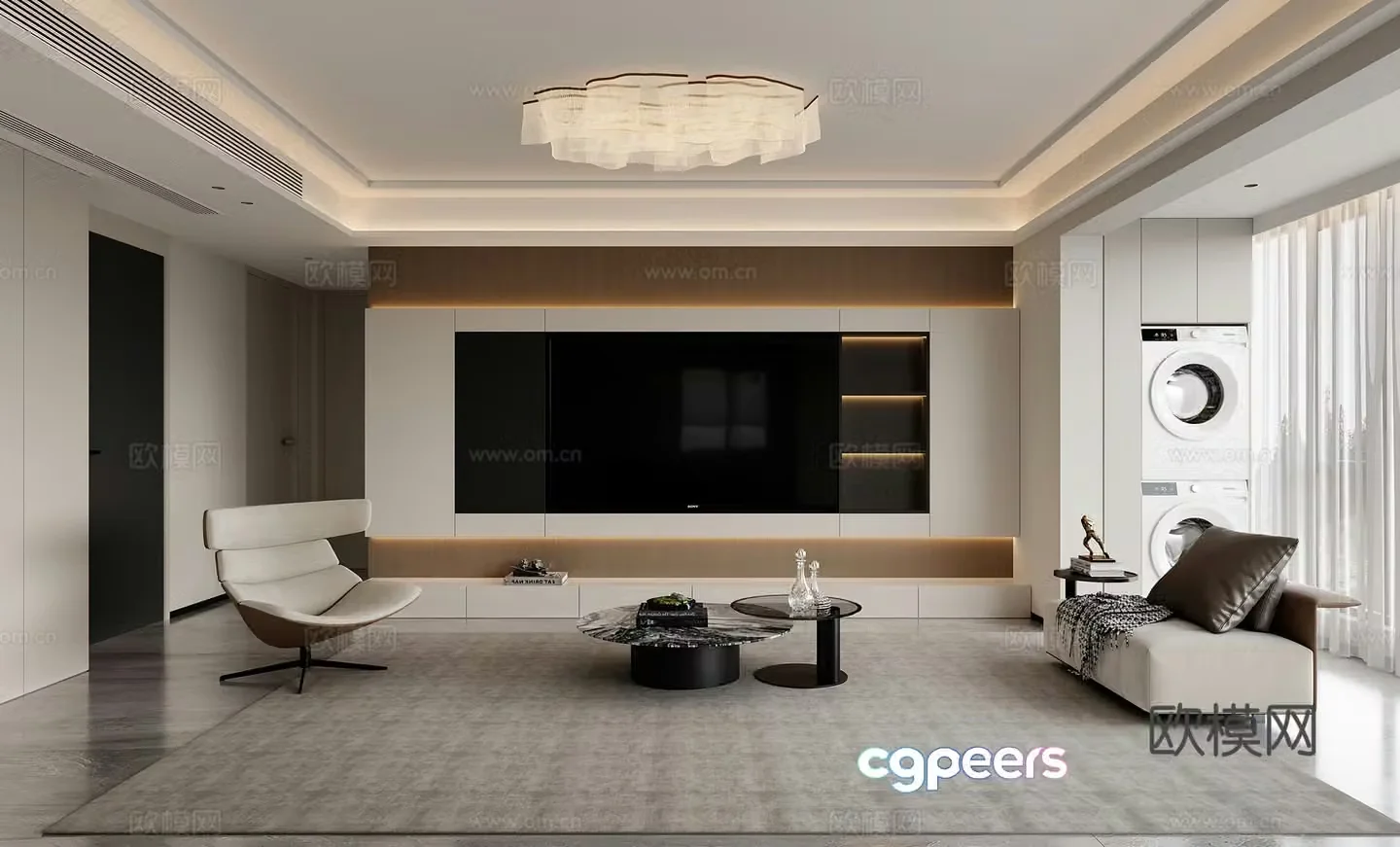 Modern living room TV background wall TV cabinet leisure chair ceiling light simple living and dining room 3d model