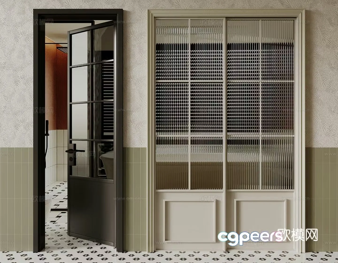 French kitchen and bathroom door glass door 3d model