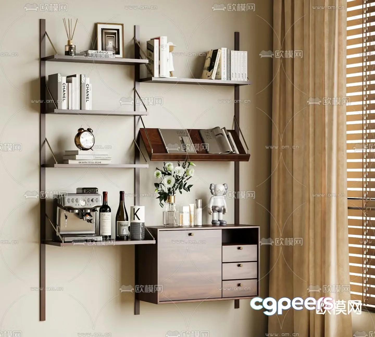 Middle-aged style wall cabinet hanging cabinet magazine rack 3D model