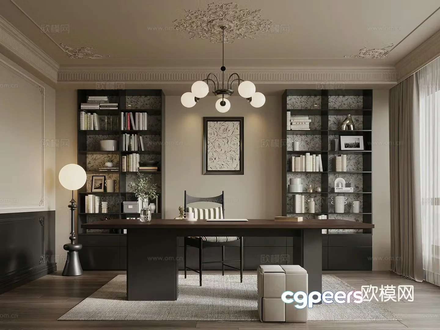 French retro style study bookcase desk chair office desk 3d model