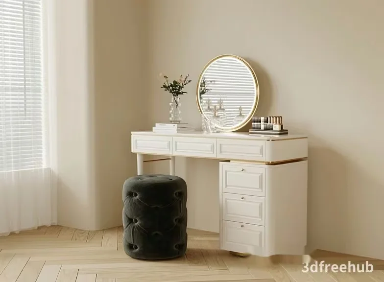 White Vanity With Round Mirror 3D Model – 23587 – VRAY Render