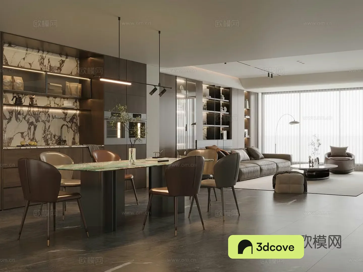 Modern Italian dining room marble dining table and chairs sideboard wine cabinet leather sofa coffee table combination