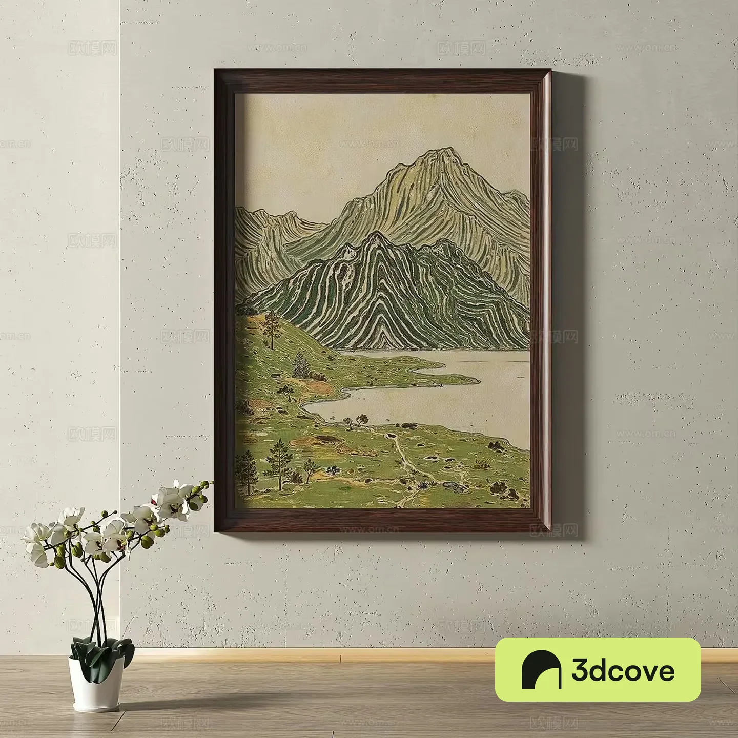 A Framed Painting Of A Mountain Landscape