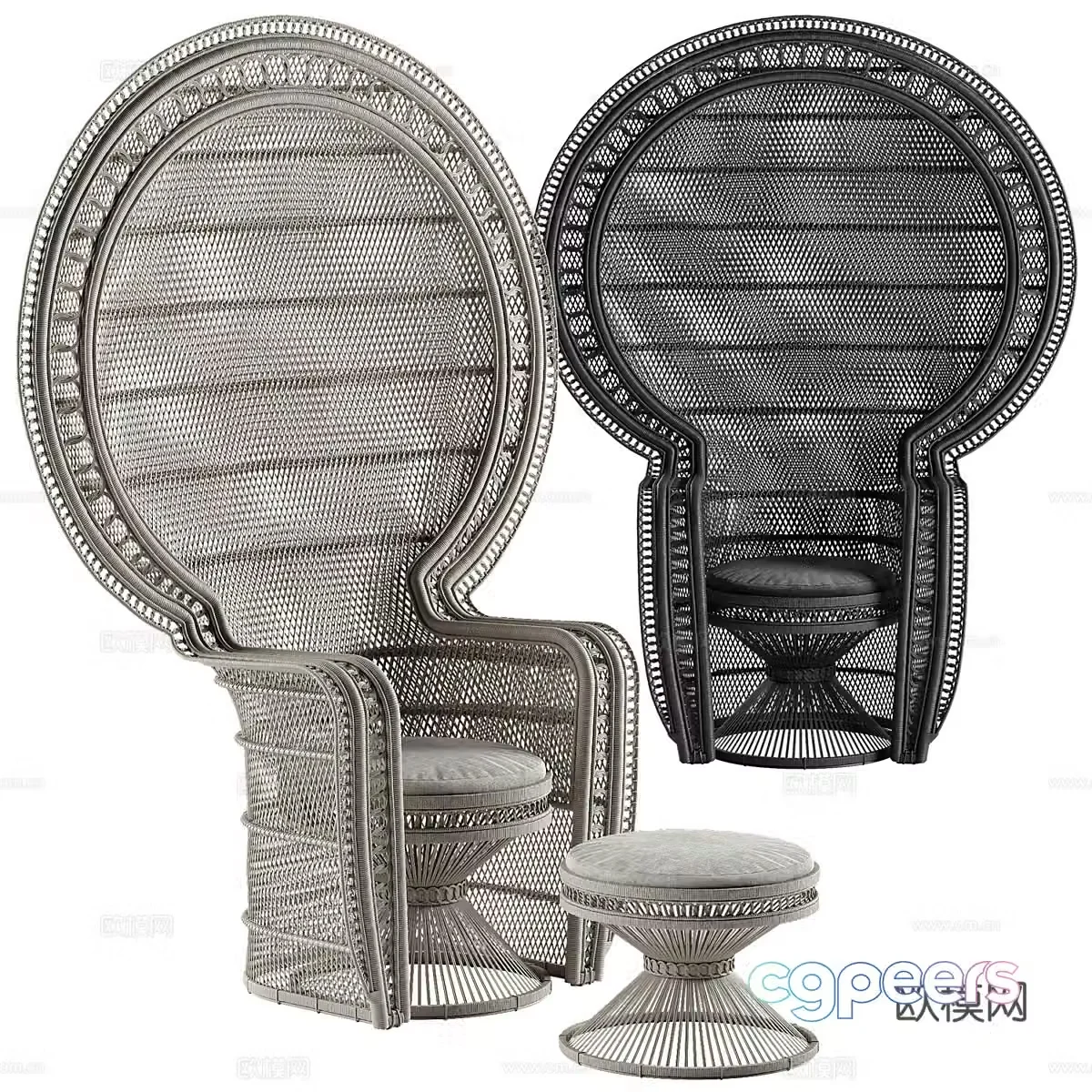 Southeast Asian rattan chair leisure chair and stool outdoor chair 3D model