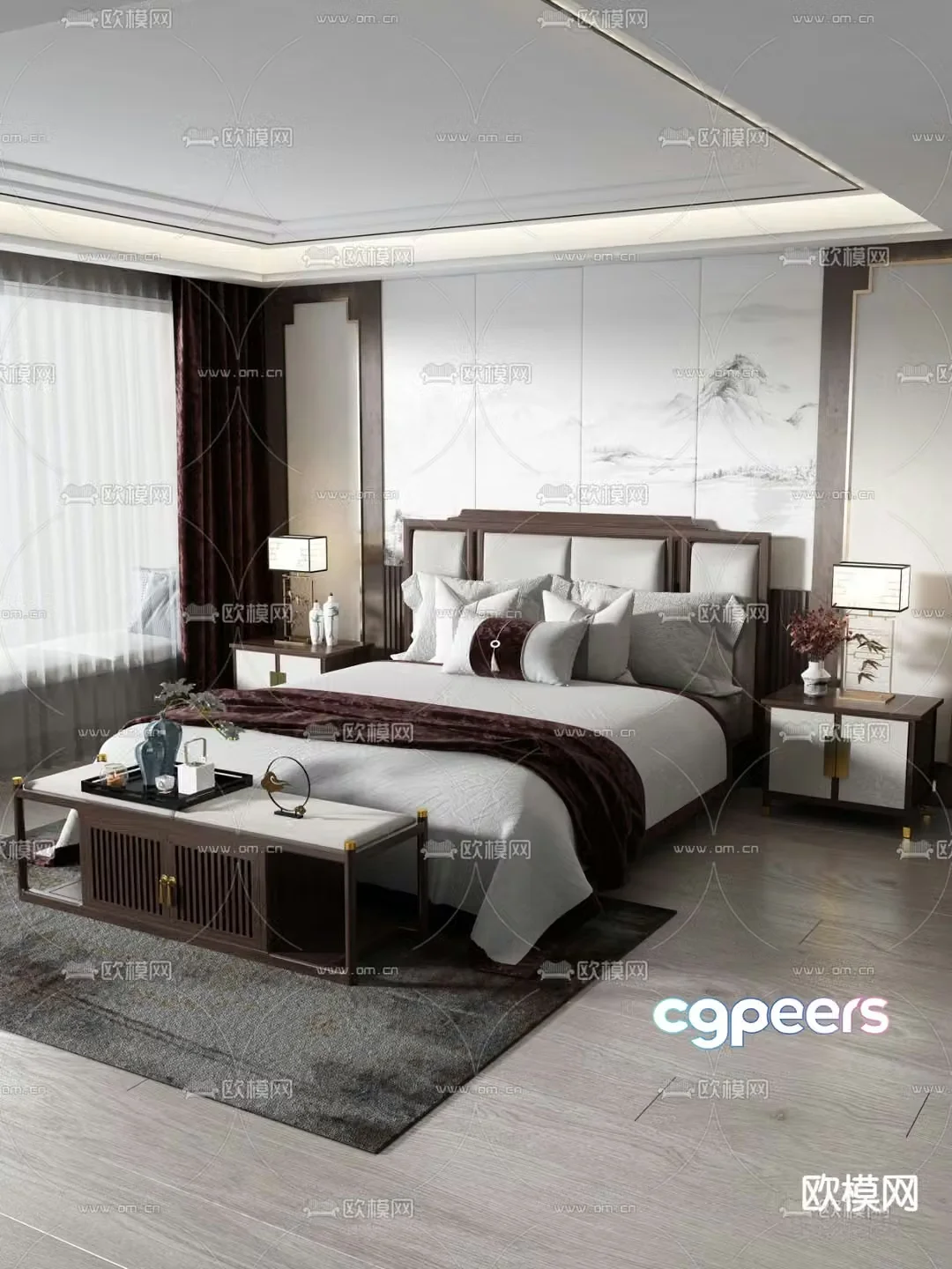 Chinese style bedroom double bed 3d model