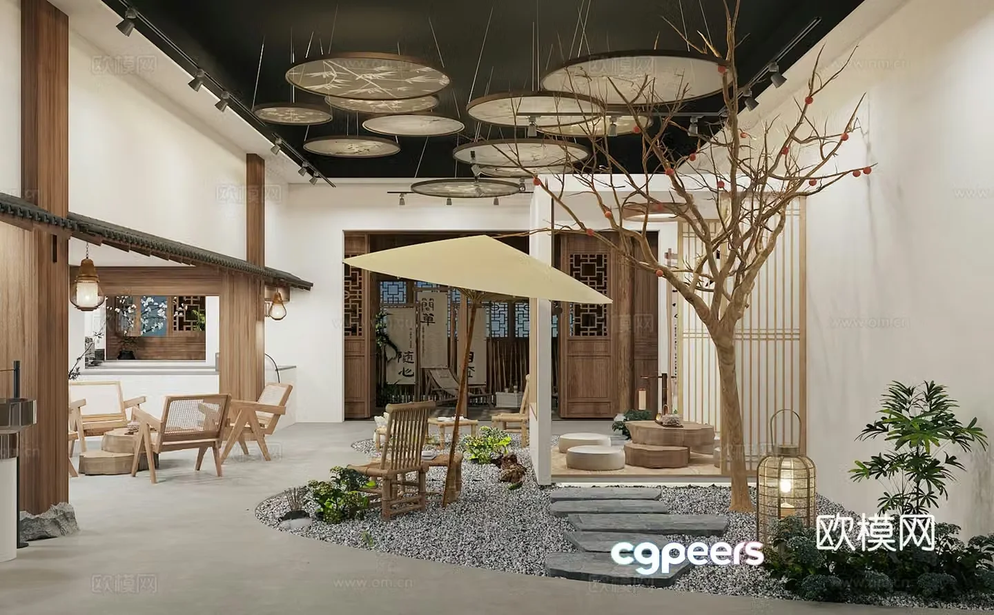 New Chinese teahouse Tea room New Chinese milk tea shop Outdoor table and chairs Coffee shop 3d model