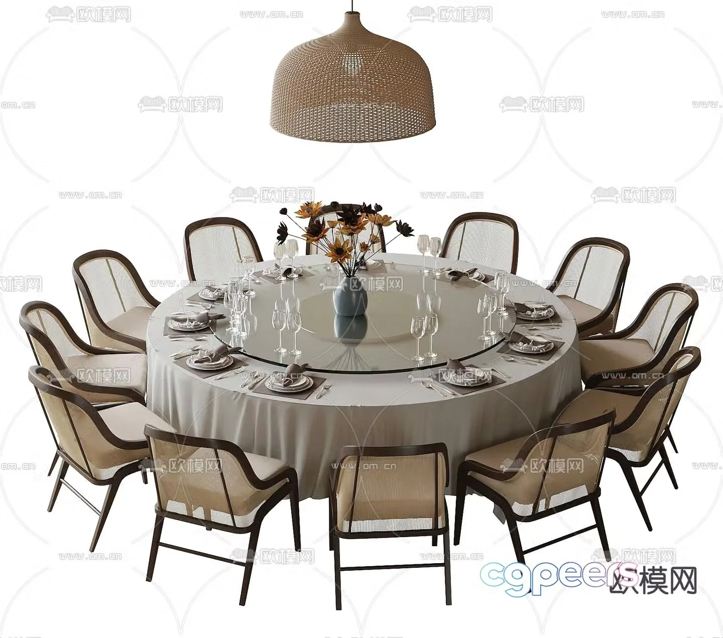 New Chinese style dining table and chairs round dining table 3d model