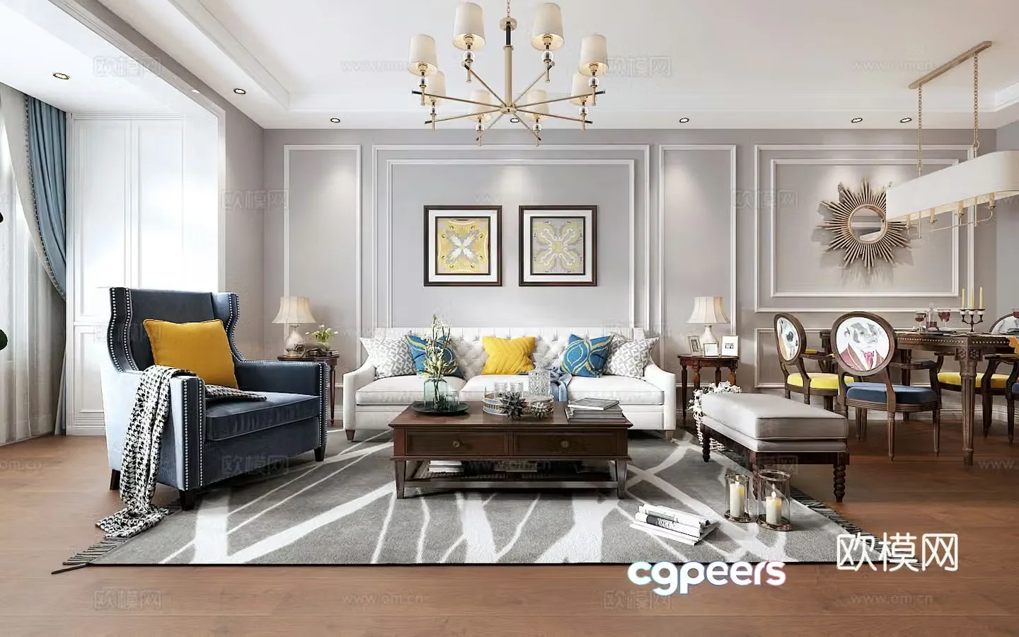 American living and dining room 3d model
