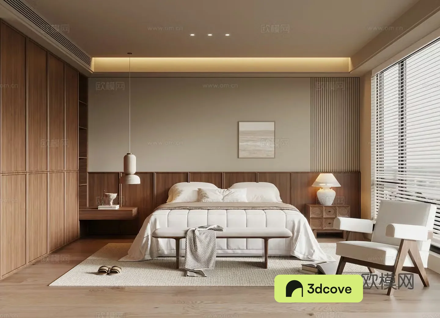 Middle style bedroom double bed wardrobe leisure chair 3d model
