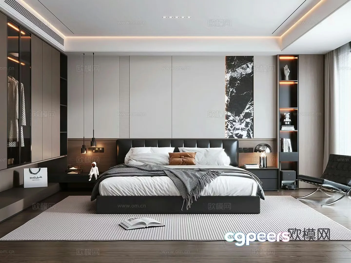 Italian light luxury bedroom leather double bed bedside table wardrobe bedside chandeliers leisure chair 3d model