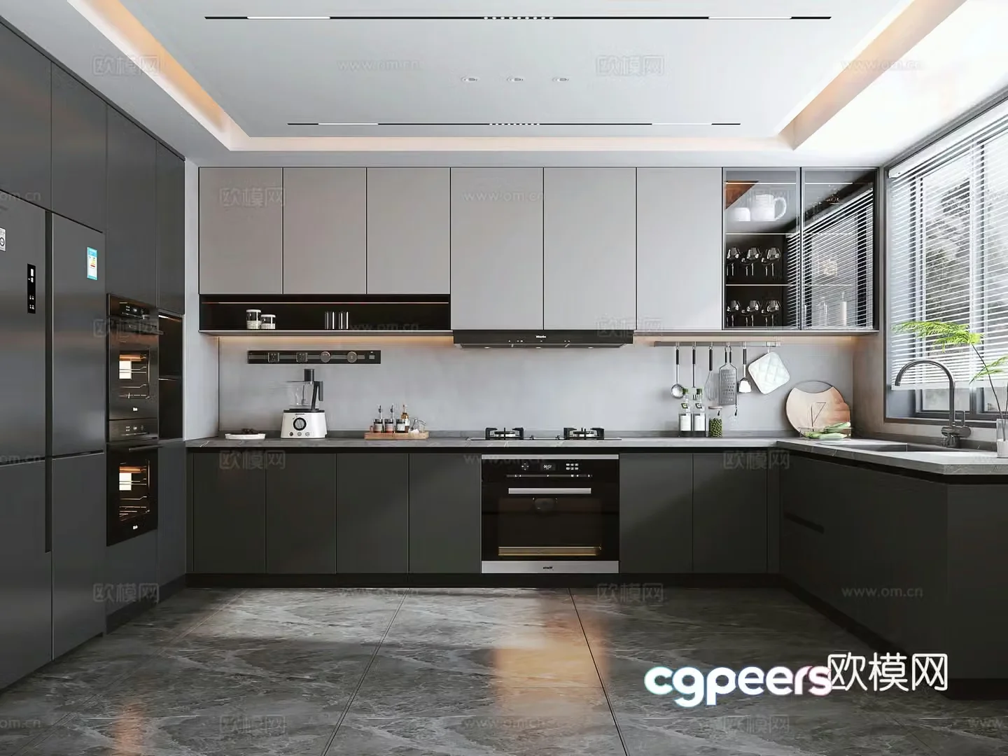 Italian light luxury enclosed kitchen Italian cabinets Kitchen appliance combination Kitchen ornaments Refrigerator 3D model