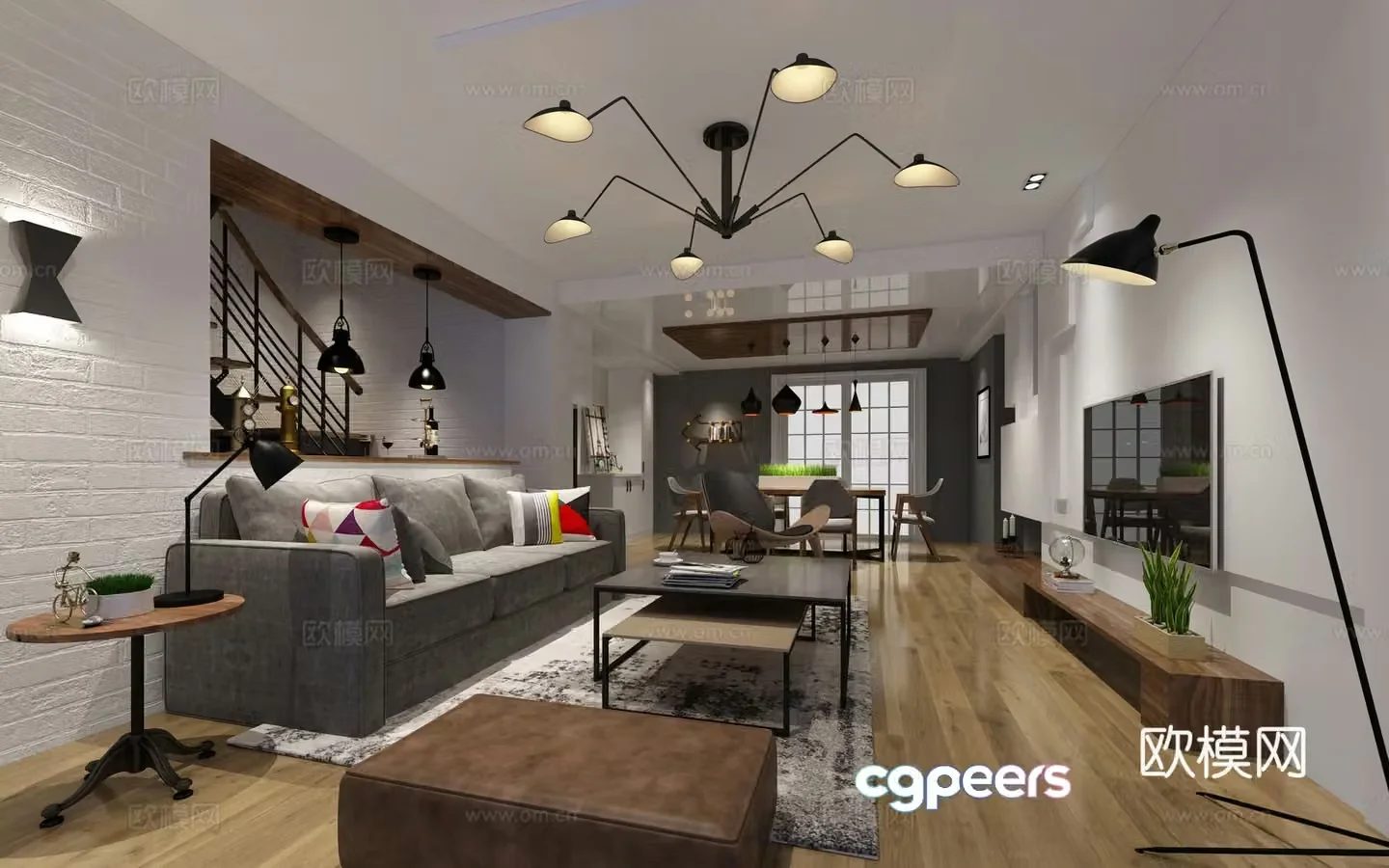 Industrial living room chandeliers desk lamp multi-person sofa single sofa coffee table decorative cabinet 3D model