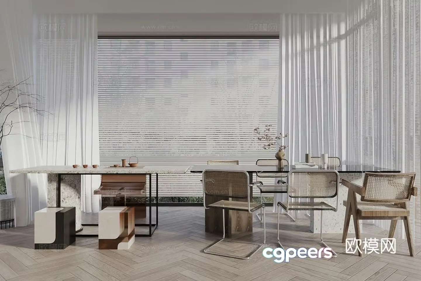 Wasabi Middle Style Tea Table and Chair Combination Dining Table and Chair Combination Window Screen Curtain 3D Model