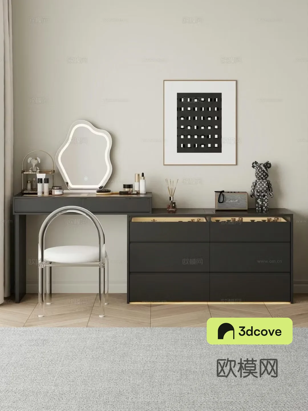 Cream style dressing table makeup stool combination dressing table makeup stool mirror decoration hanging painting