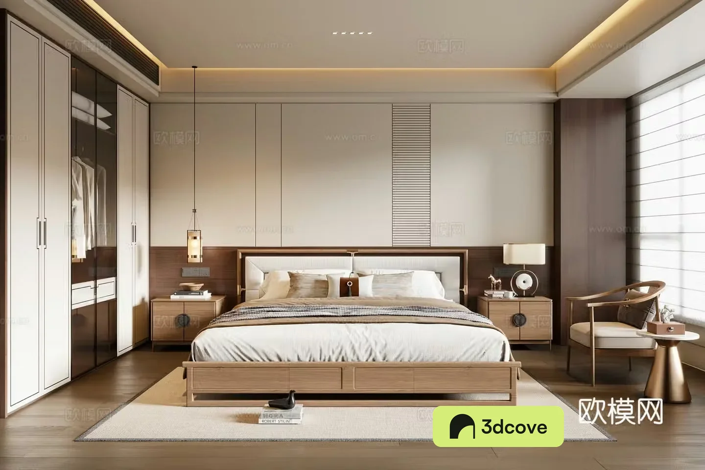 New Chinese style bedroom solid wood double bed bedside table chandeliers leisure chair wardrobe