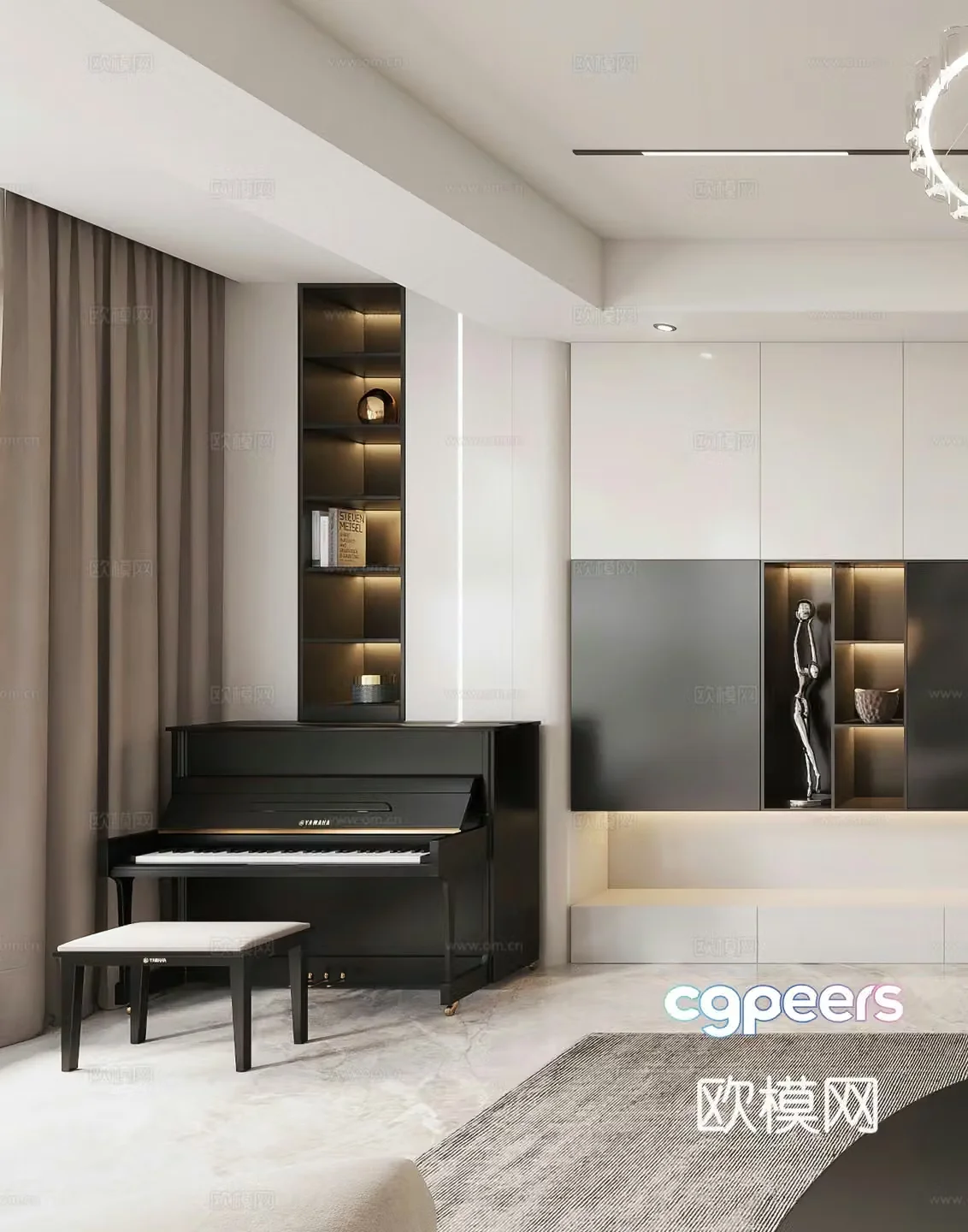 Modern study piano piano piano room simple bookcase ornaments decoration light luxury simple 3d model