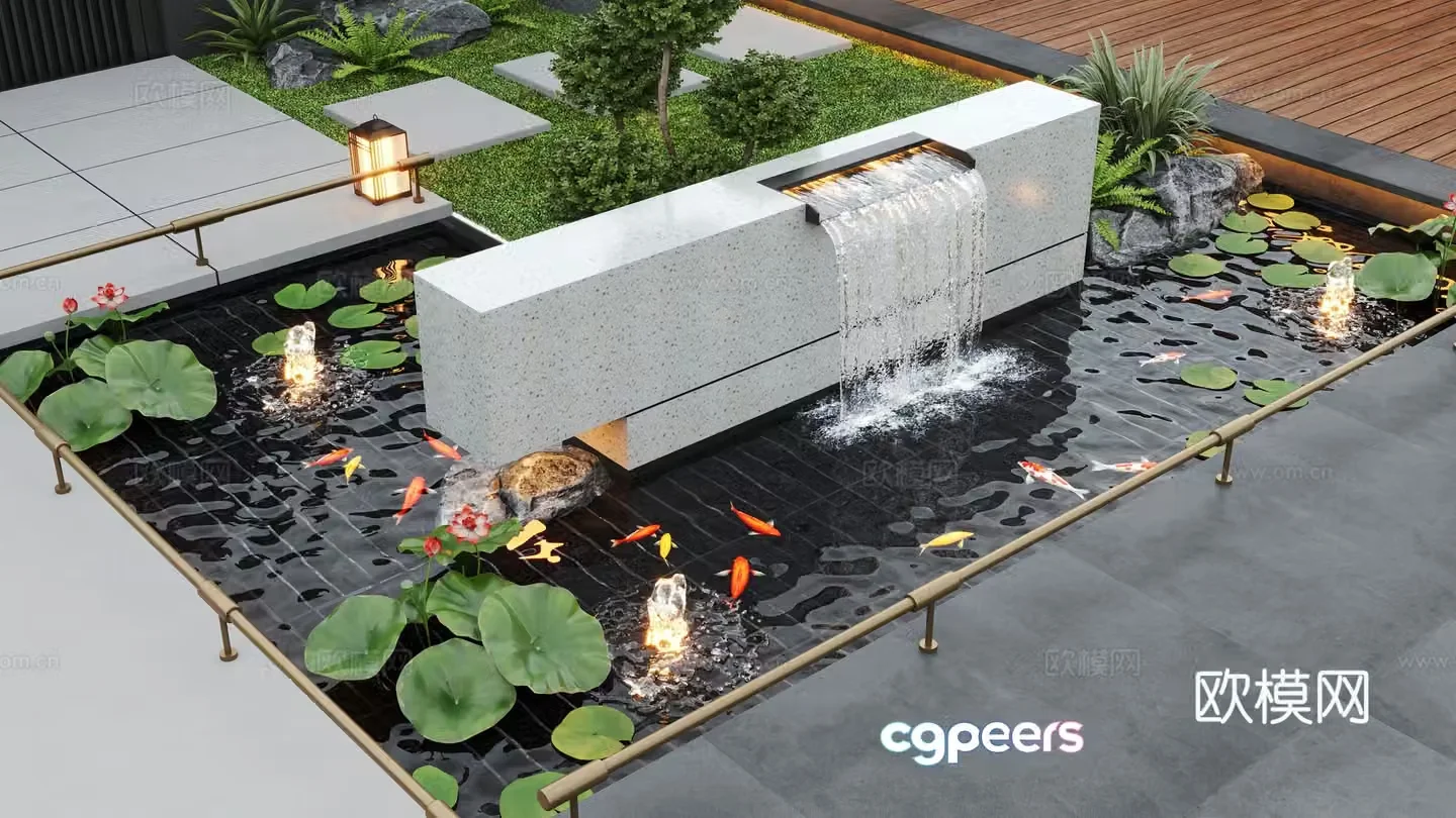 Modern courtyard landscape home yard garden waterscape stacked water fish pond 3d model
