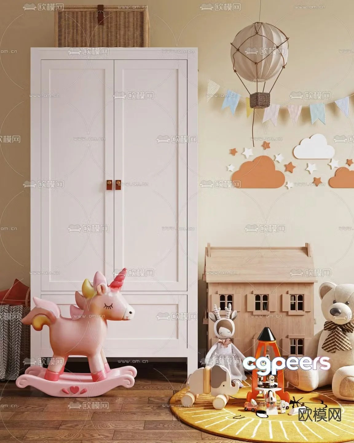 Nordic solid wood children’s wardrobe 3d model