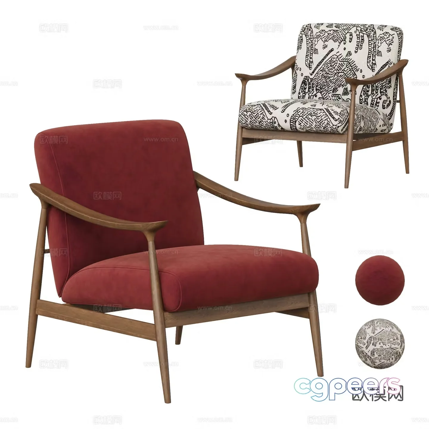 Medium style leisure chair sofa chair fabric leisure chair armchair wooden chair red leisure chair 3d model
