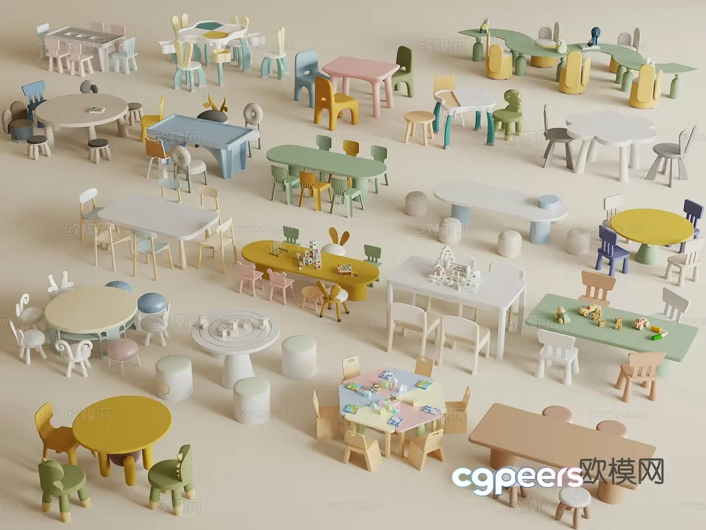 Modern children’s table and chairs Kindergarten table and chairs Building blocks toy table Learning table and chairs Leisure table and chairs 3D model