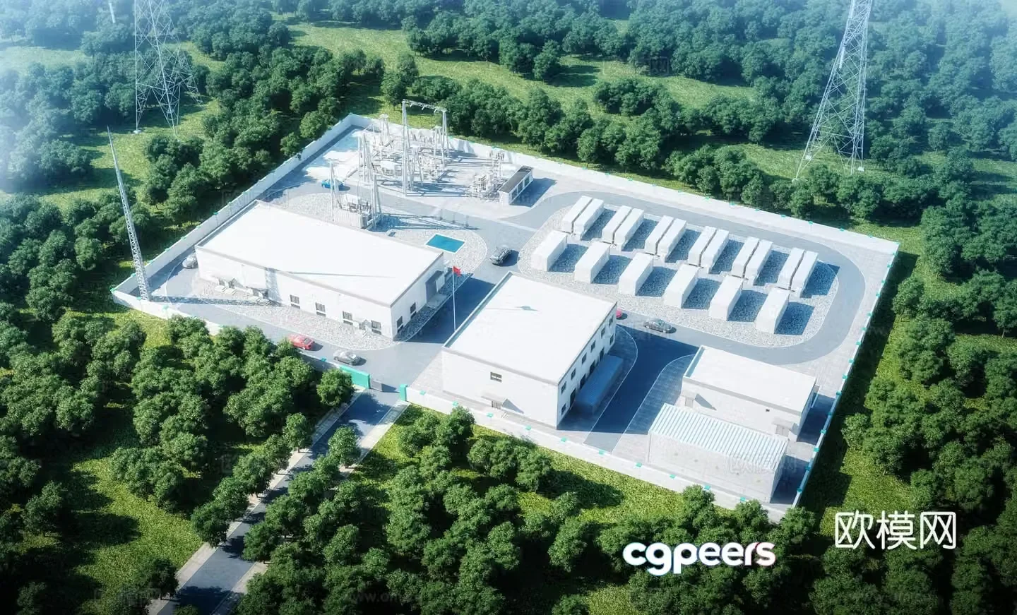 Aerial view 3d model of modern substation power plant