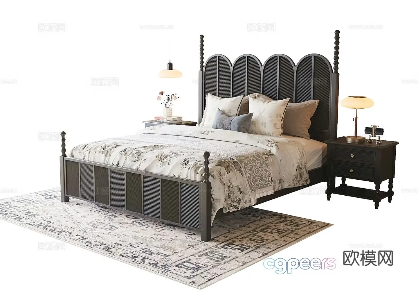 French double bed bedside table bedding 3d model