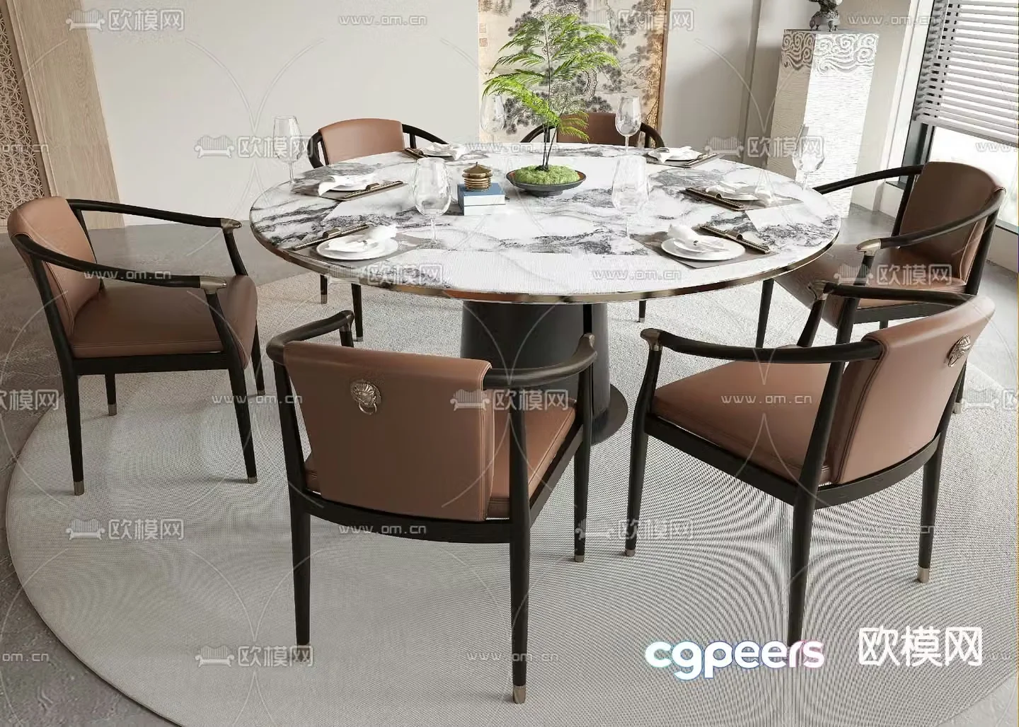New Chinese style dining table and chairs round dining table 3d model