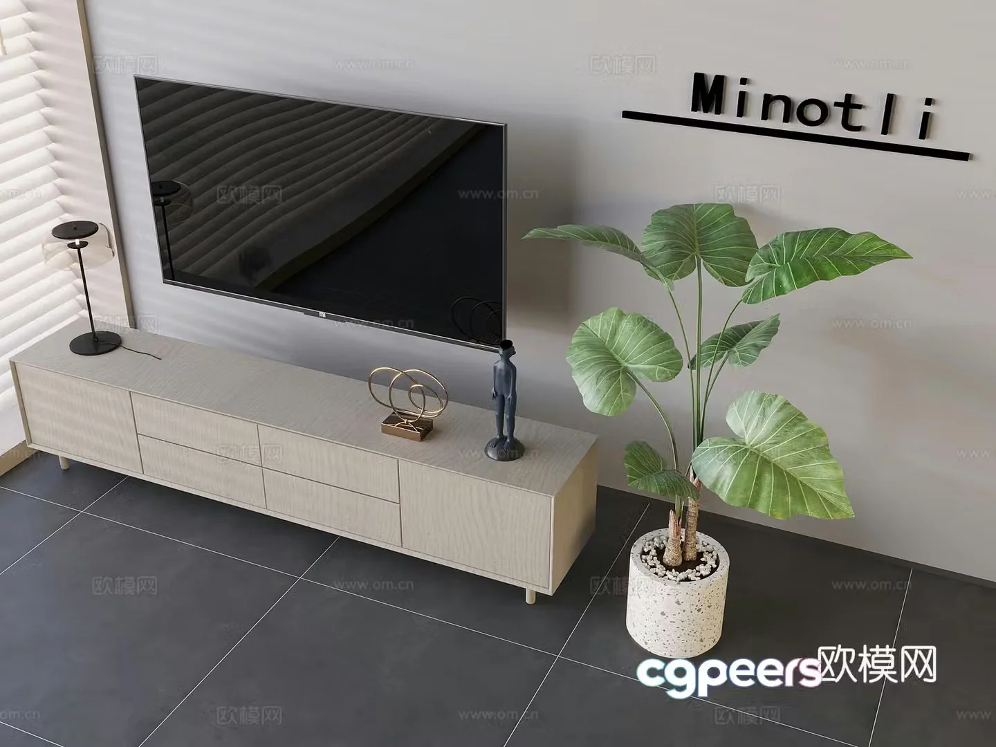 Nordic solid wood TV cabinet floor-standing drawer TV cabinet laser high-definition TV table lamp green plant pot 3D model