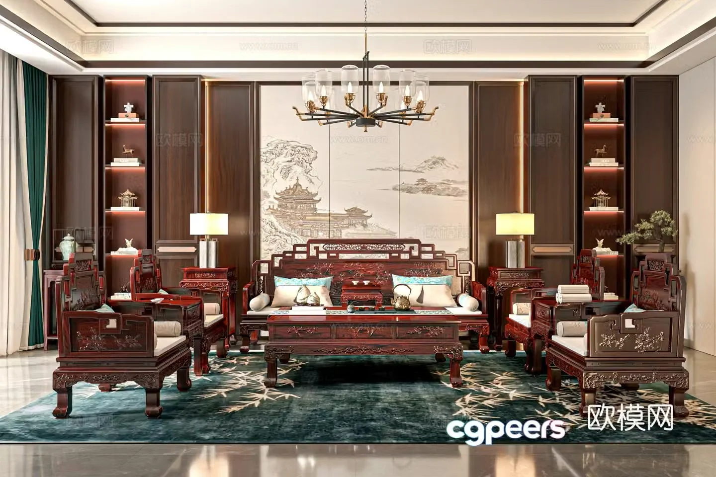 New Chinese living room mahogany sofa mahogany furniture combination Qidaitiangong mahogany furniture Chinese guest 3D model