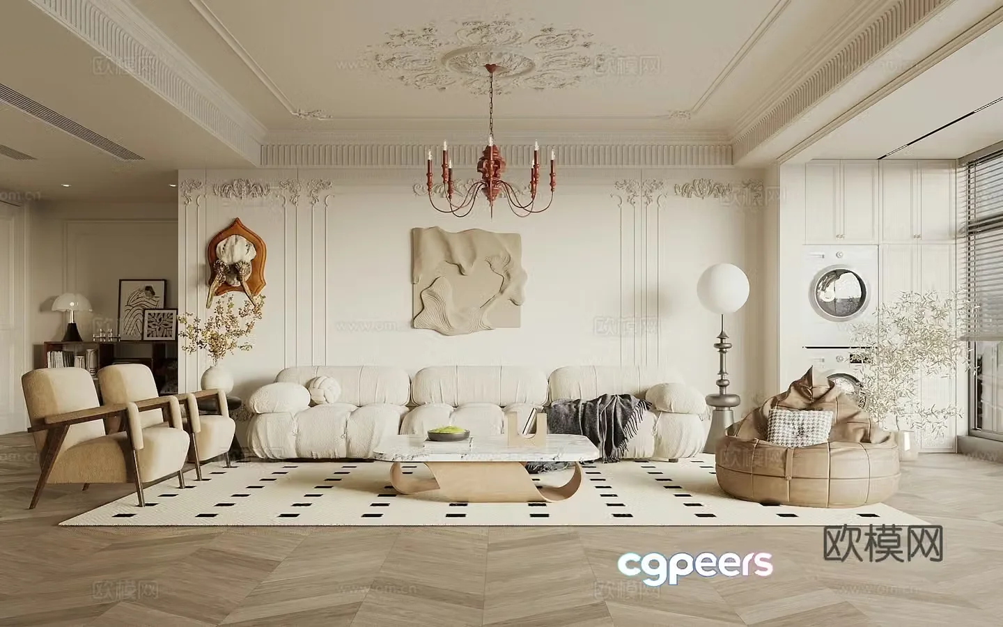 French simple European living room sofa coffee table combination sofa background wall lazy sofa entrance cabinet 3D model
