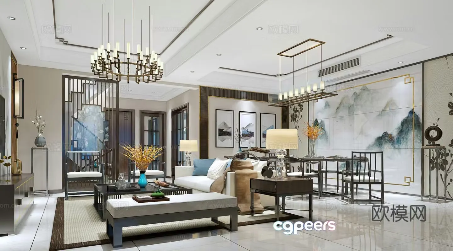 New Chinese style living and dining room sofa and coffee table dining table and chair chandeliers decorative cabinet ornament 3D model