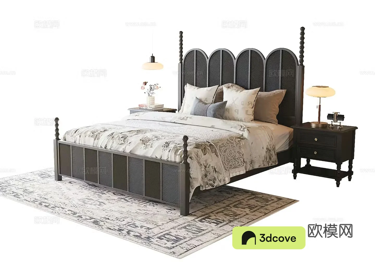French double bed bedside table bedding