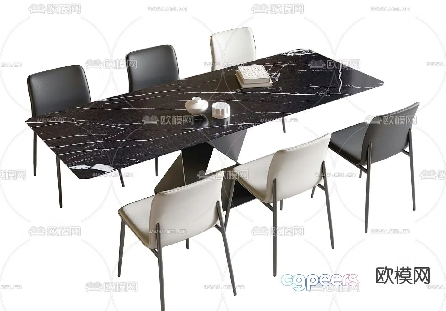 Long dining table and chairs 3d model