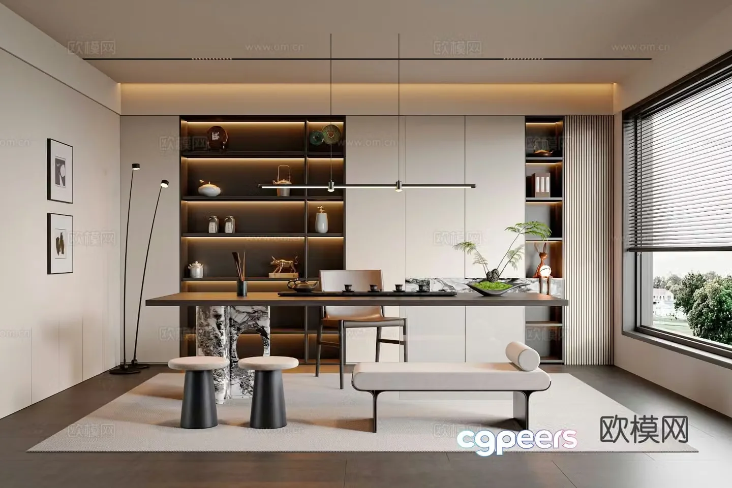 New Chinese-style tea room tea room cabinet tea room accessories ornaments tea table and chair 3D model