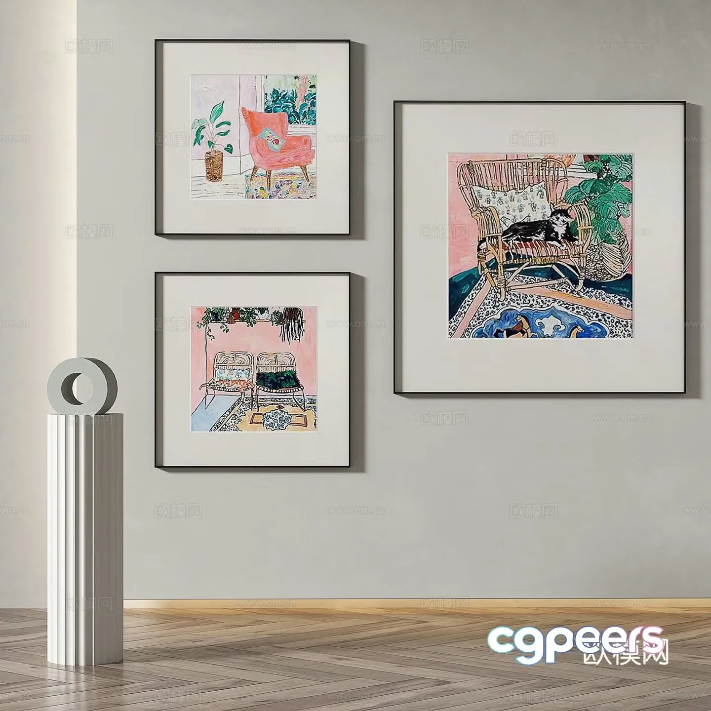 Modern simple abstract retro oil painting decorative painting 3d model