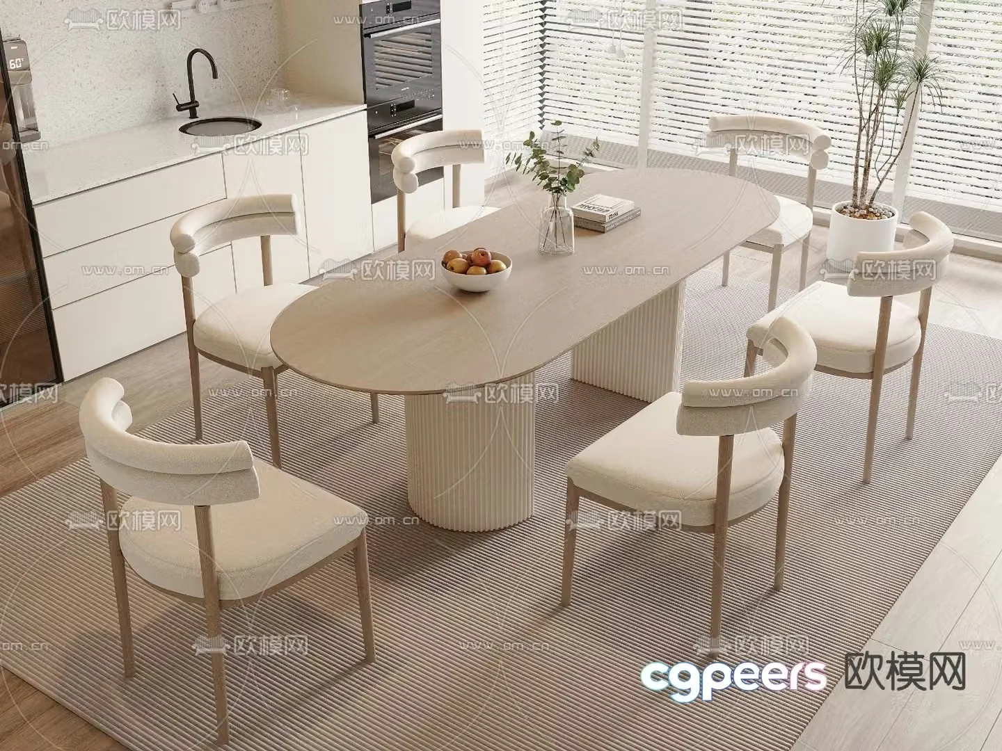 Cream style dining table and chairs 3d model