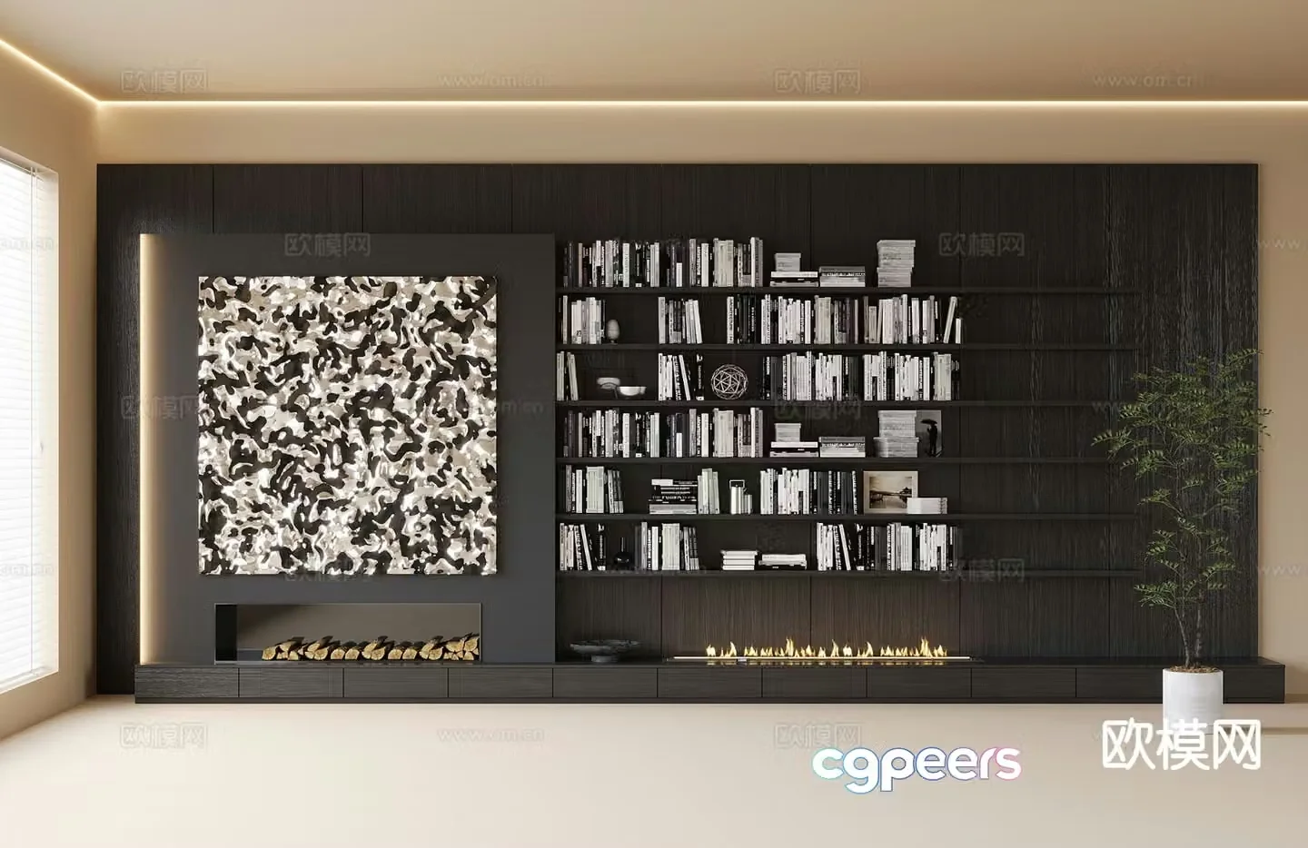 Medieval style wall-to-wall bookcases and fireplace 3D model