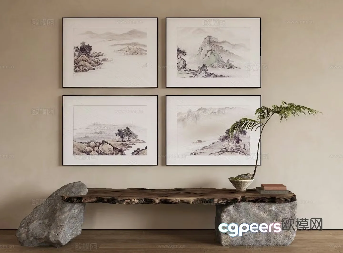 New Chinese style landscape painting decorative painting 3D model