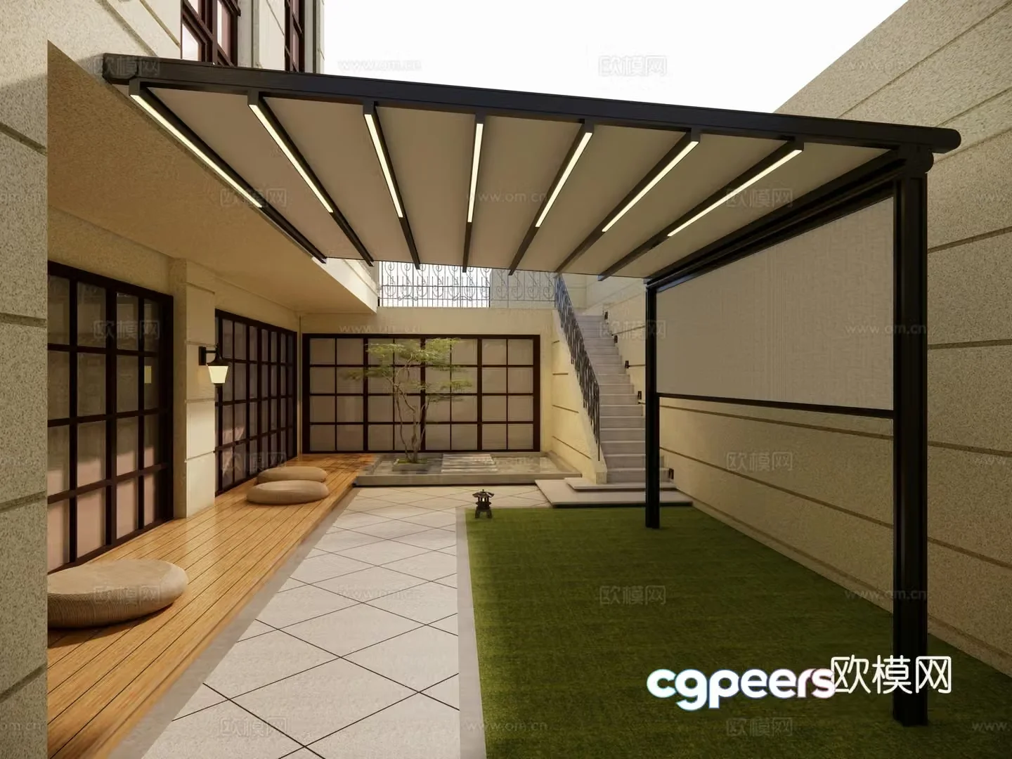 Modern new Chinese style outdoor electric smart light strip courtyard awning sky curtain sunshade set 3D model