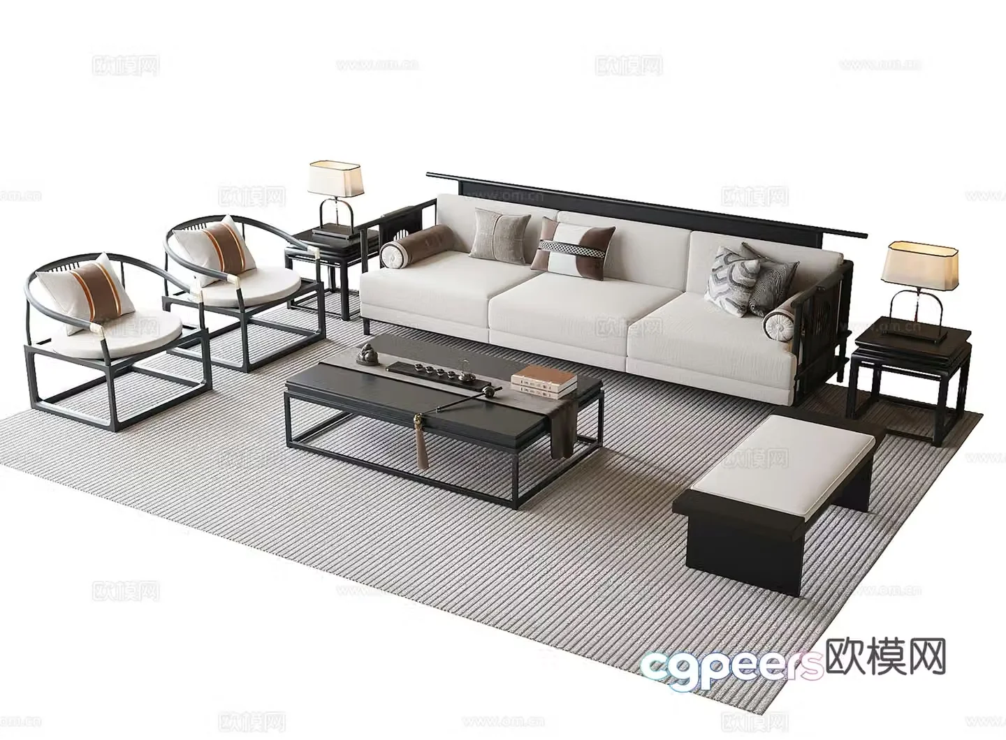 New Chinese sofa coffee table combination coffee table three-person sofa 3D model