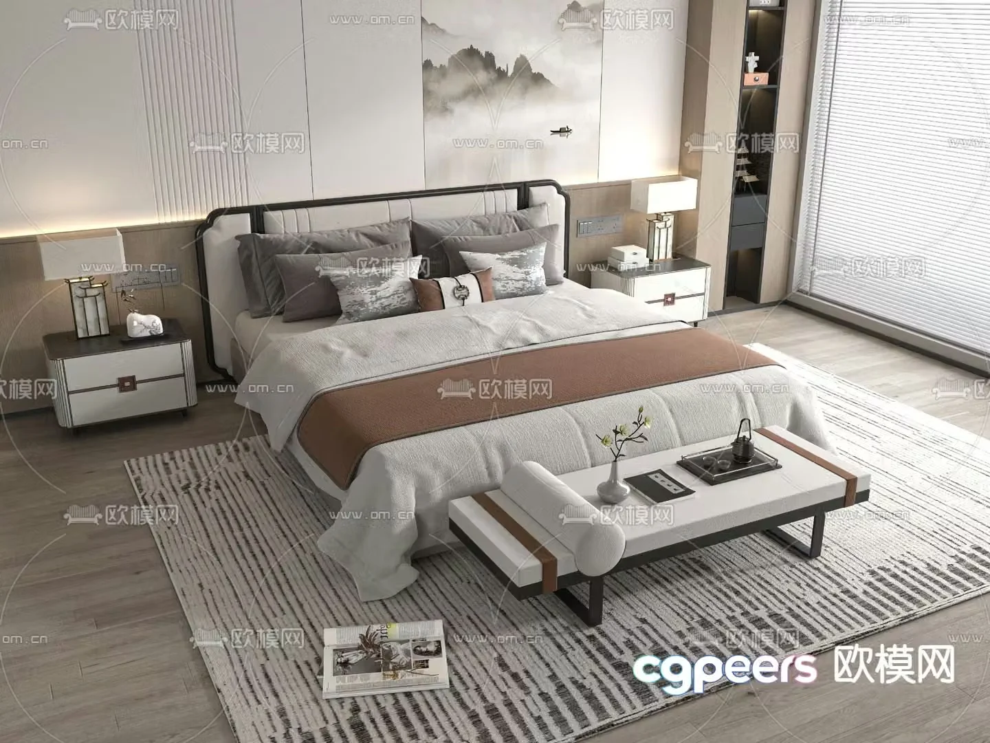 New Chinese style double bed 3d model