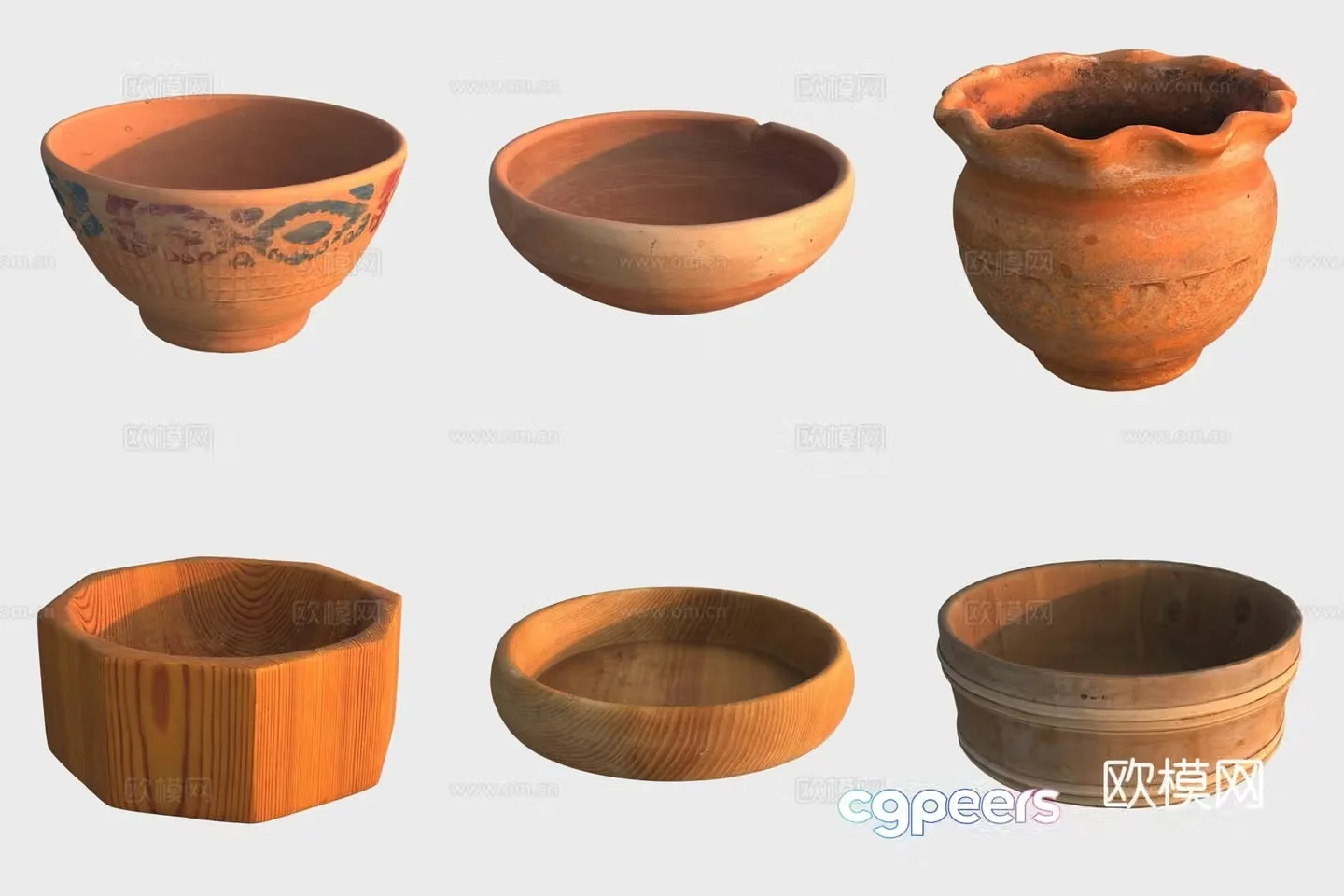 Ancient pottery wood products wooden basin pottery bowl 3D model