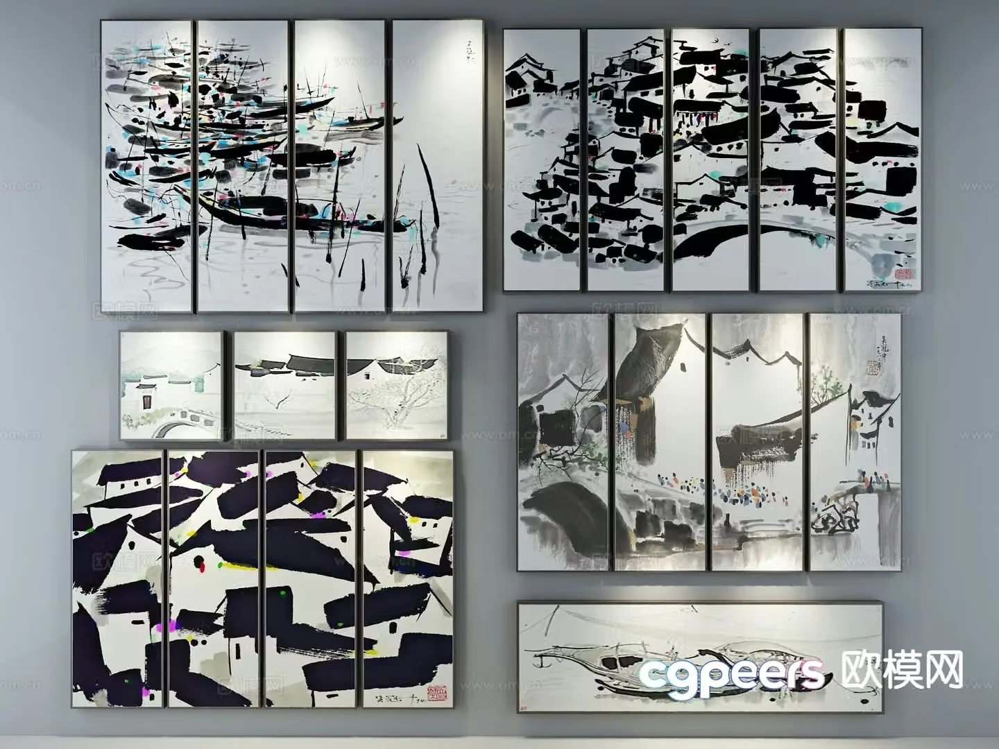 New Chinese style decorative wall chart ink painting 3D model